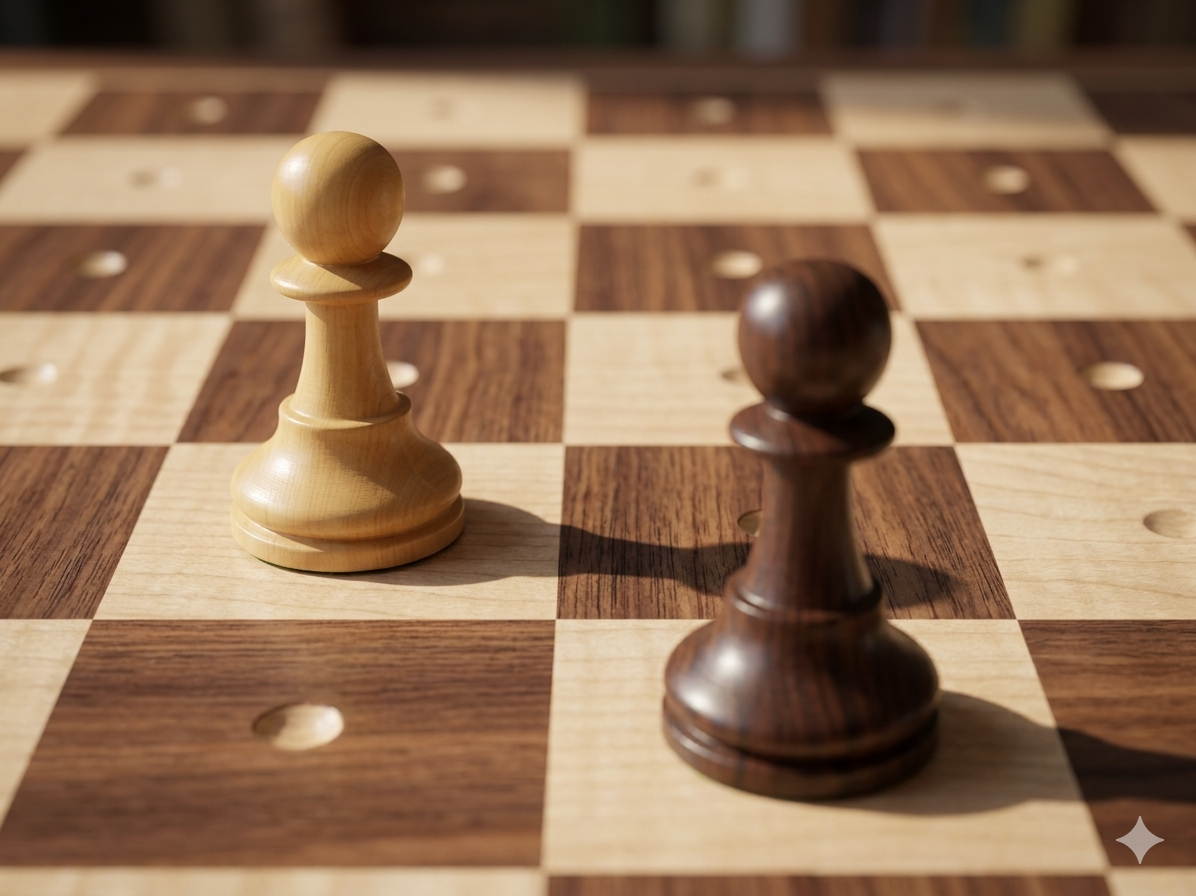 Tablero de ajedrez adaptado con casillas alternas y pequeños orificios para fijar las piezas al tacto. Dos peones de madera, uno claro y otro oscuro, colocados frente a frente en casillas contiguas. Las piezas tienen base con clavija para encajar en el tablero y facilitar su reconocimiento y estabilidad.
