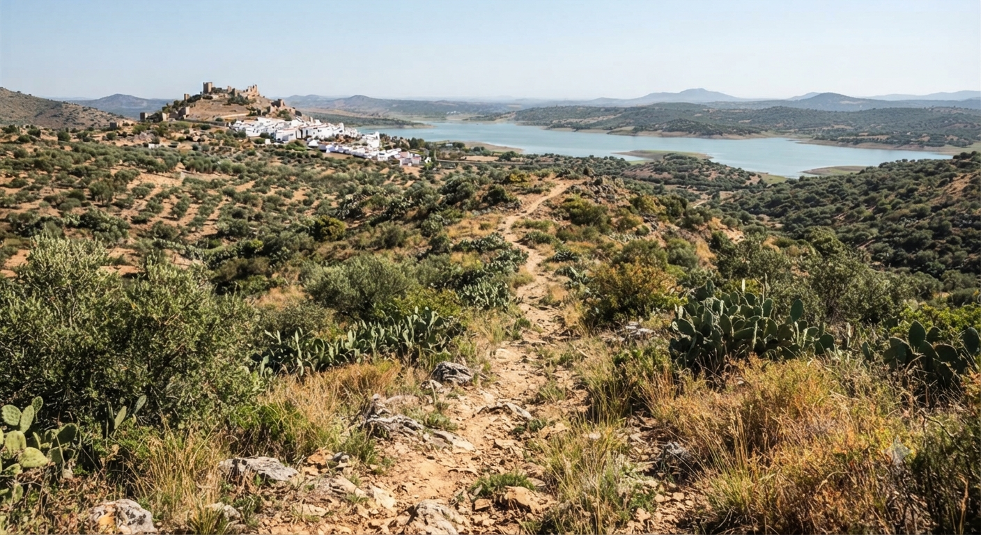 sendero natural y rocoso que atraviesa un paisaje montañoso en Bornos, caracterizado por vegetación mediterránea y arbustos. Al fondo se observa una panorámica del embalse de Bornos bajo un cielo despejado