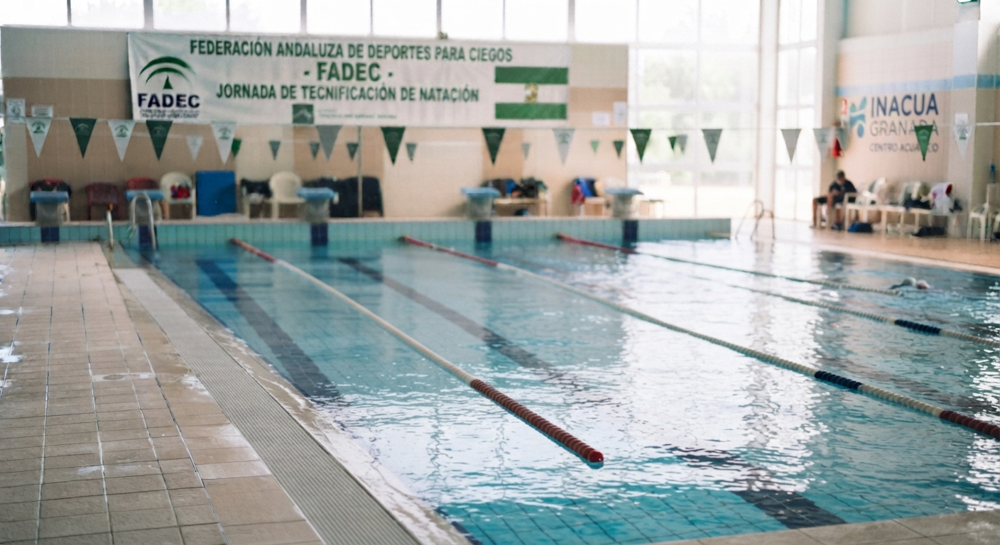 Piscina cubierta con varias calles de natación, preparada para una jornada de tecnificación organizada por la Federación Andaluza de Deportes para Ciegos (FADEC), según se lee en la pancarta del fondo. El recinto está bien iluminado por grandes ventanales; se observan banderines sobre el agua, bloques de salida y algunas personas sentadas en la zona lateral de la piscina.
